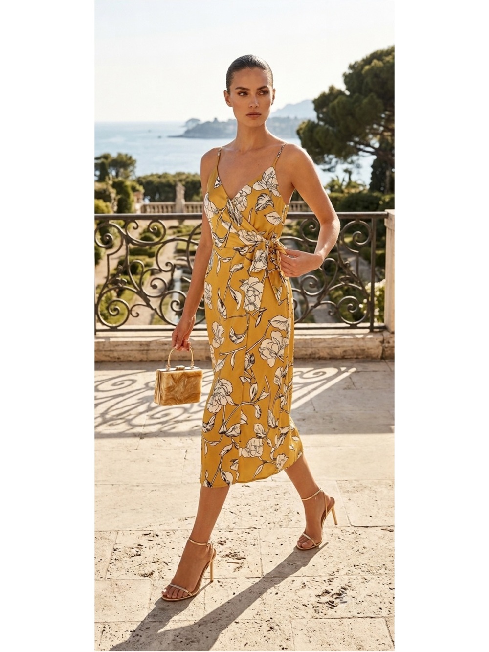 Reformation Style Wrap Dress Satin Midi in Yellow Harvest printed. Women size XS